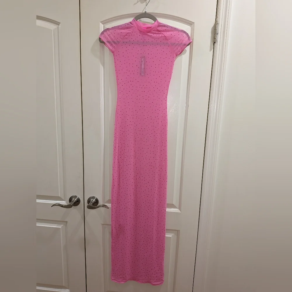 NWT SKIMS MESH RHINESTONE COVER UP LONG DRESS IN TAFFY